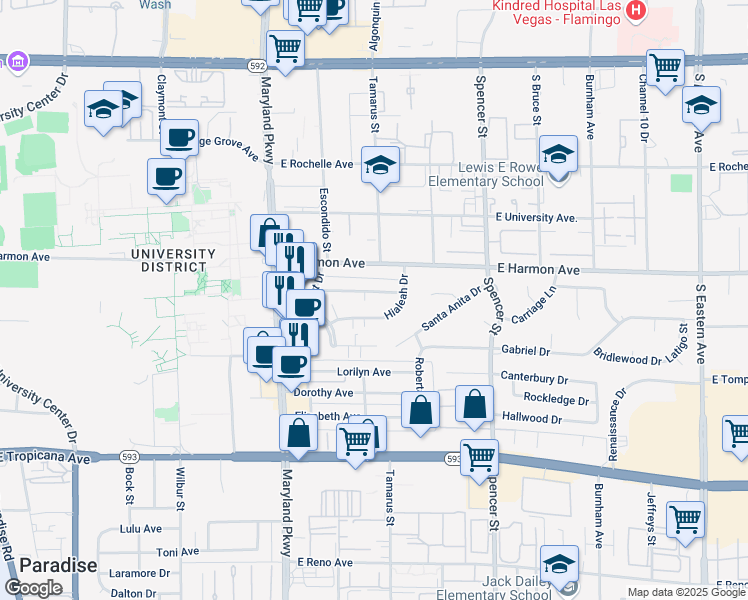 map of restaurants, bars, coffee shops, grocery stores, and more near 1511 Living Desert Drive in Las Vegas