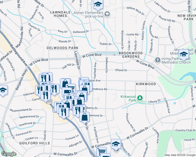 map of restaurants, bars, coffee shops, grocery stores, and more near in Greensboro