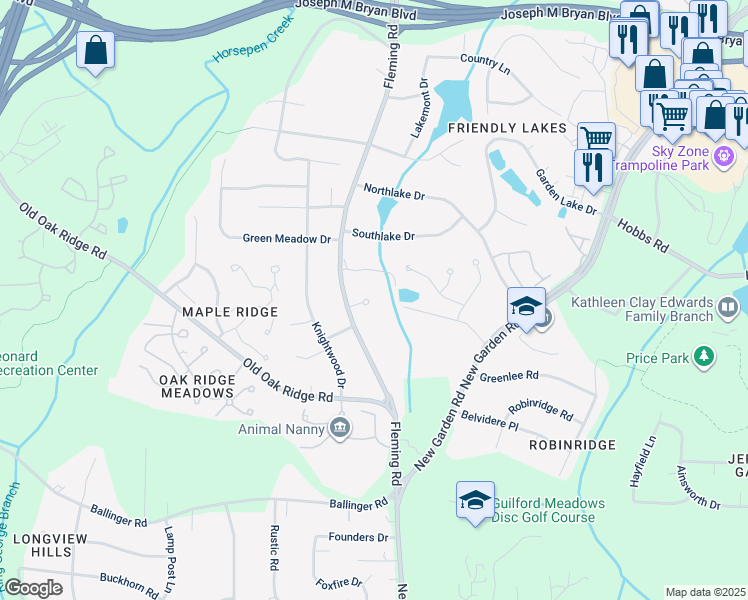 map of restaurants, bars, coffee shops, grocery stores, and more near 1402 Fleming Road in Greensboro