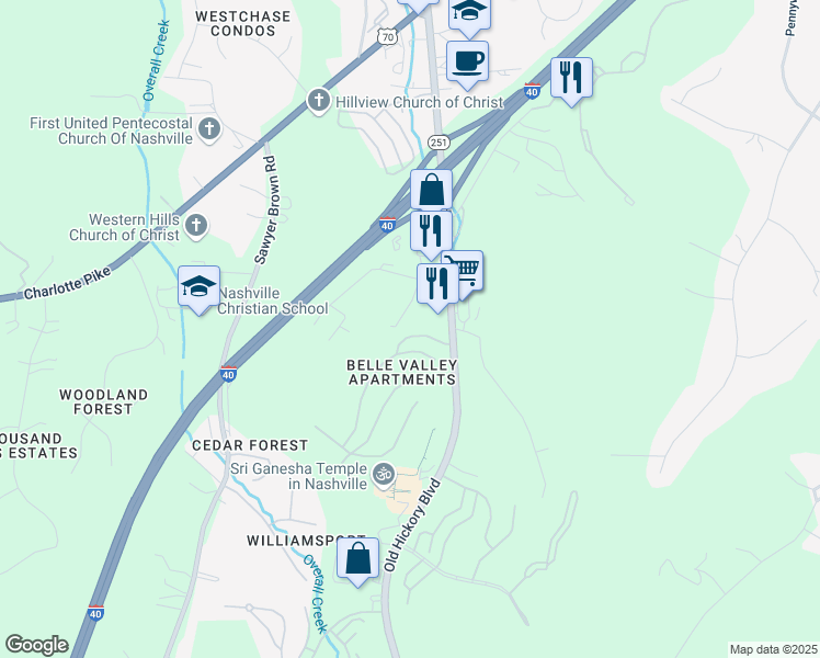 map of restaurants, bars, coffee shops, grocery stores, and more near 100 Belle Valley Drive in Nashville