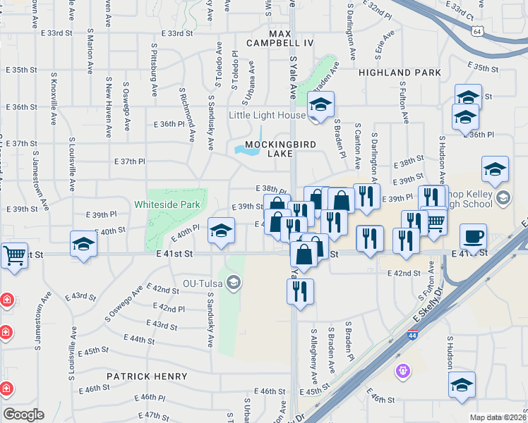 map of restaurants, bars, coffee shops, grocery stores, and more near 4568 East 39th Street in Tulsa