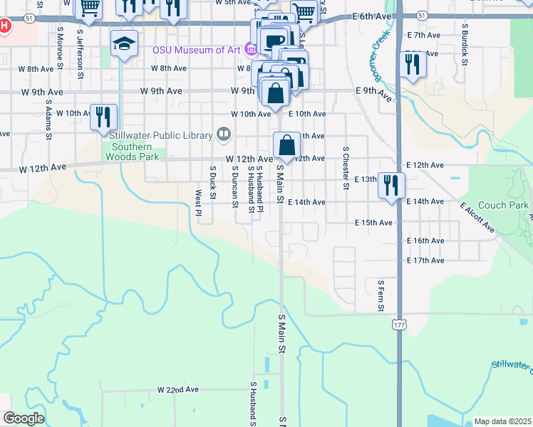 map of restaurants, bars, coffee shops, grocery stores, and more near 1406 South Main Street in Stillwater