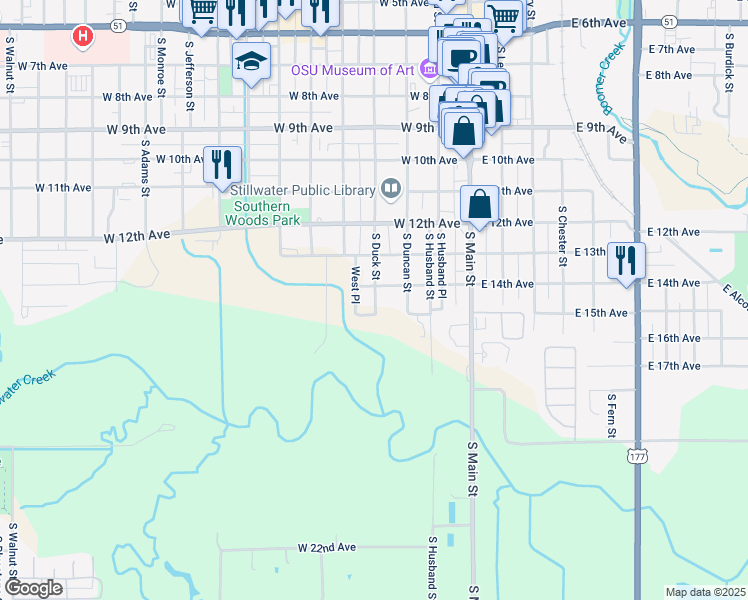 map of restaurants, bars, coffee shops, grocery stores, and more near 1403 South Duck Street in Stillwater
