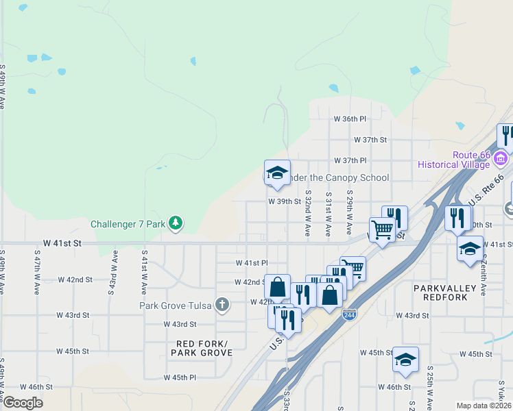 map of restaurants, bars, coffee shops, grocery stores, and more near 3412 West 39th Street in Tulsa