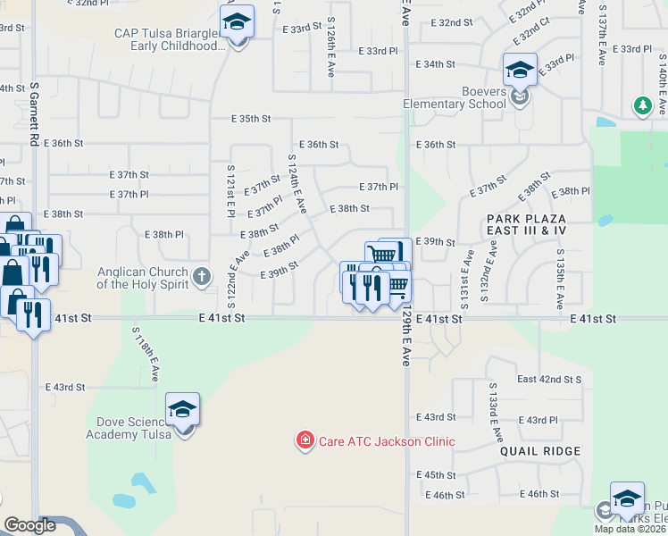 map of restaurants, bars, coffee shops, grocery stores, and more near 12528 East 39th Place in Tulsa