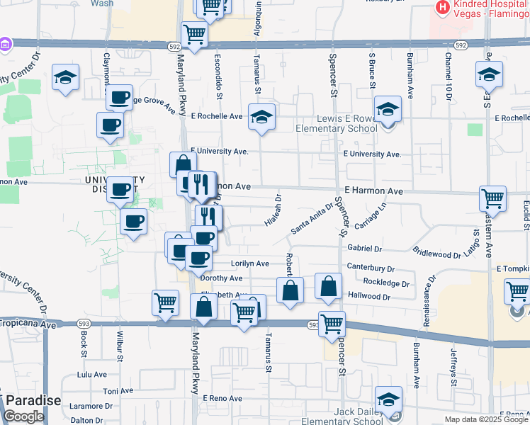 map of restaurants, bars, coffee shops, grocery stores, and more near 1511 Living Desert Drive in Las Vegas