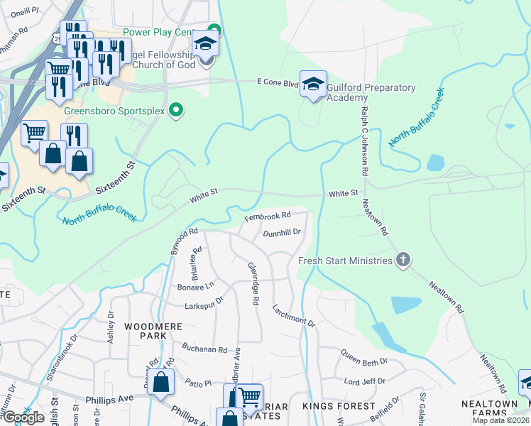 map of restaurants, bars, coffee shops, grocery stores, and more near 2501 Fernbrook Road in Greensboro