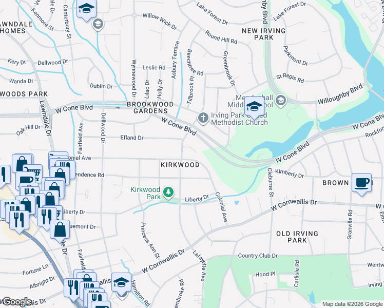 map of restaurants, bars, coffee shops, grocery stores, and more near 1505 Lafayette Court in Greensboro