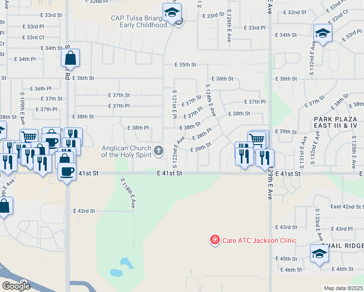 map of restaurants, bars, coffee shops, grocery stores, and more near 12211 E 39th St in Tulsa