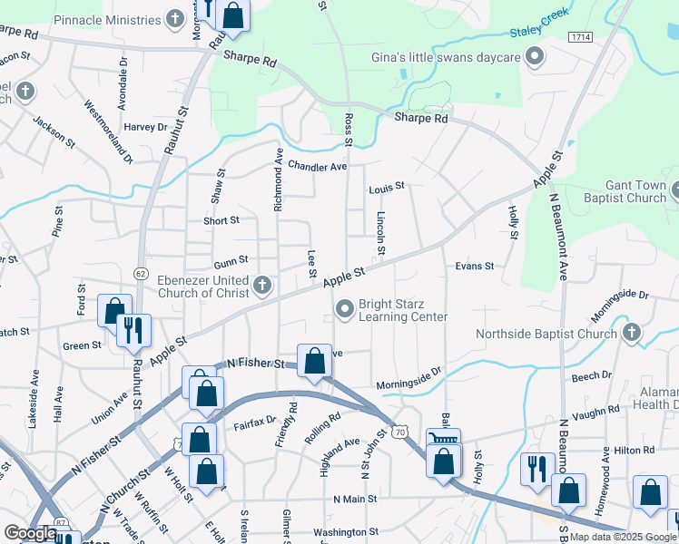 map of restaurants, bars, coffee shops, grocery stores, and more near 936 Apple Street in Burlington