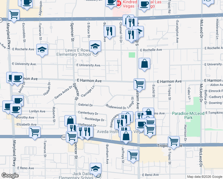 map of restaurants, bars, coffee shops, grocery stores, and more near 4560 Rancho Hills Drive in Las Vegas