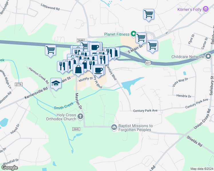 map of restaurants, bars, coffee shops, grocery stores, and more near 230 Century Boulevard in Kernersville