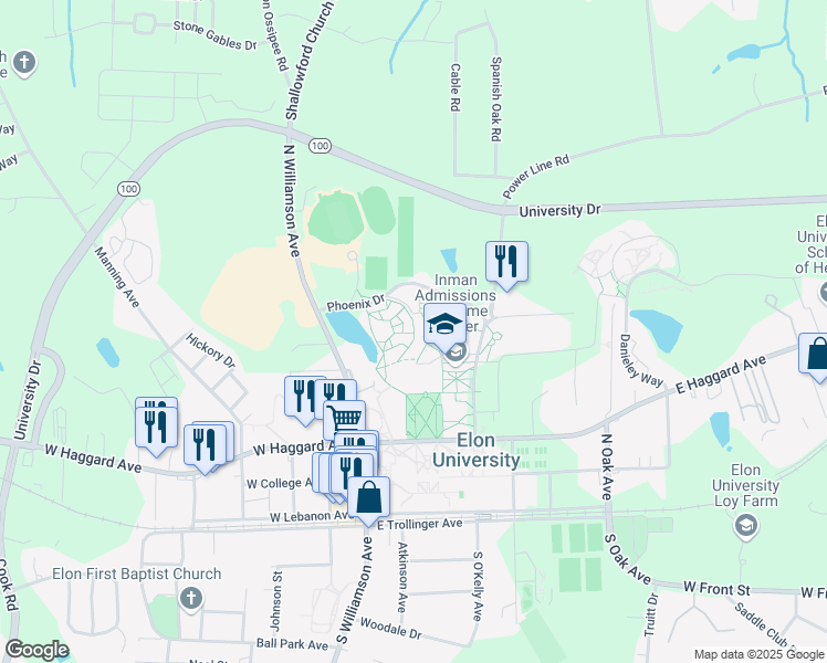 map of restaurants, bars, coffee shops, grocery stores, and more near 3211 Bill Loy Drive in Elon