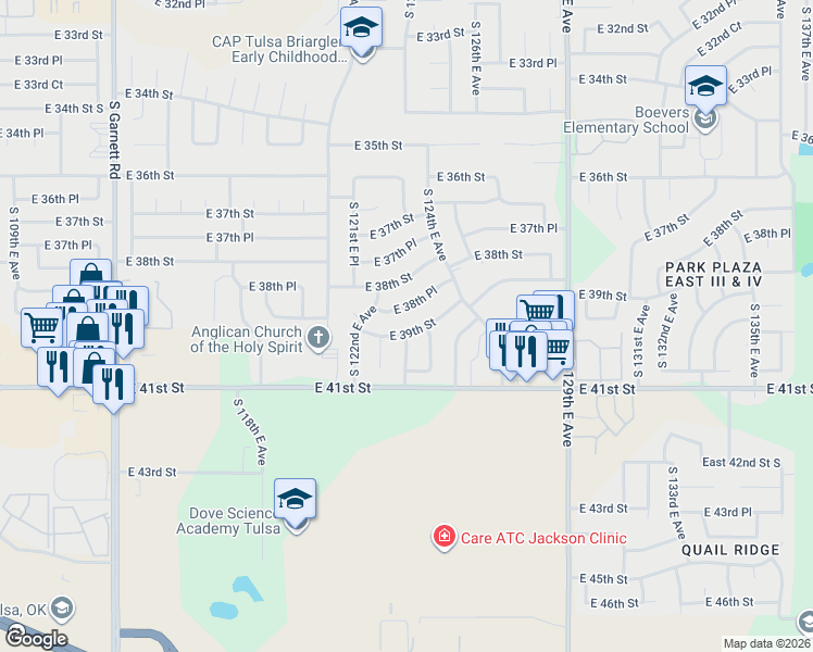 map of restaurants, bars, coffee shops, grocery stores, and more near 12301 E 39th St in Tulsa