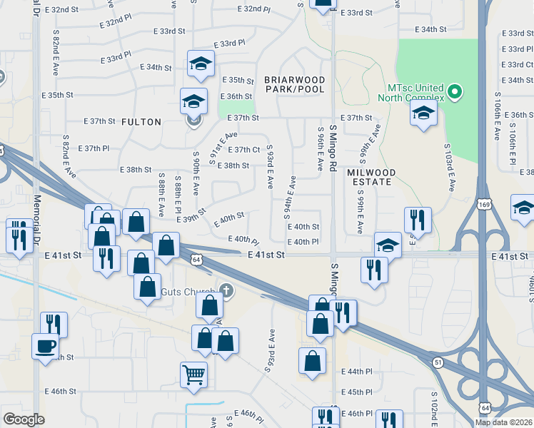 map of restaurants, bars, coffee shops, grocery stores, and more near 3926 South 93rd East Avenue in Tulsa