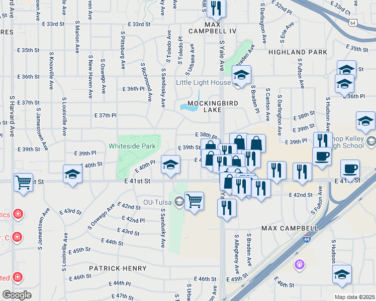 map of restaurants, bars, coffee shops, grocery stores, and more near 4530 East 39th Street in Tulsa