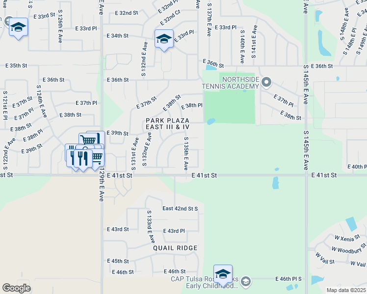 map of restaurants, bars, coffee shops, grocery stores, and more near 13418 East 39th Place in Tulsa