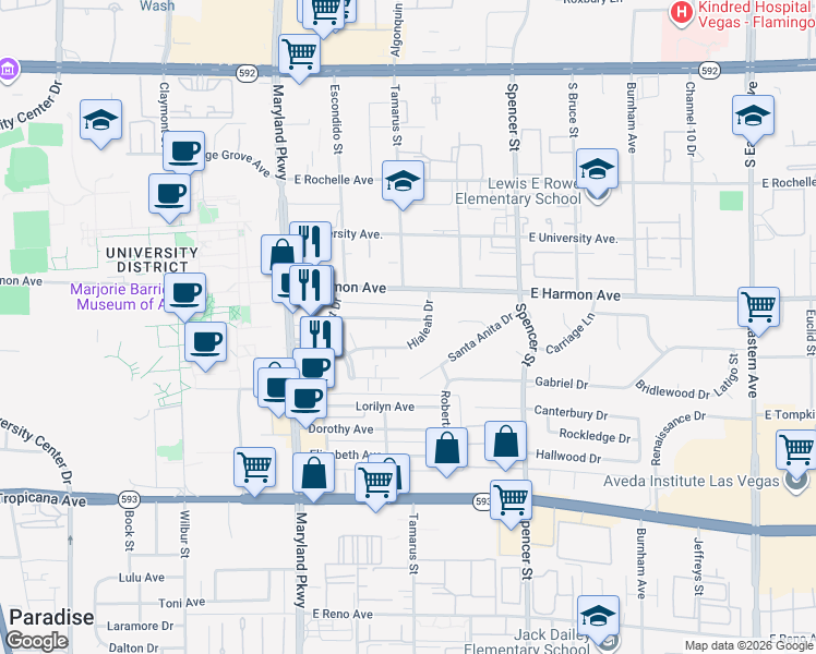 map of restaurants, bars, coffee shops, grocery stores, and more near 1511 Living Desert Drive in Las Vegas