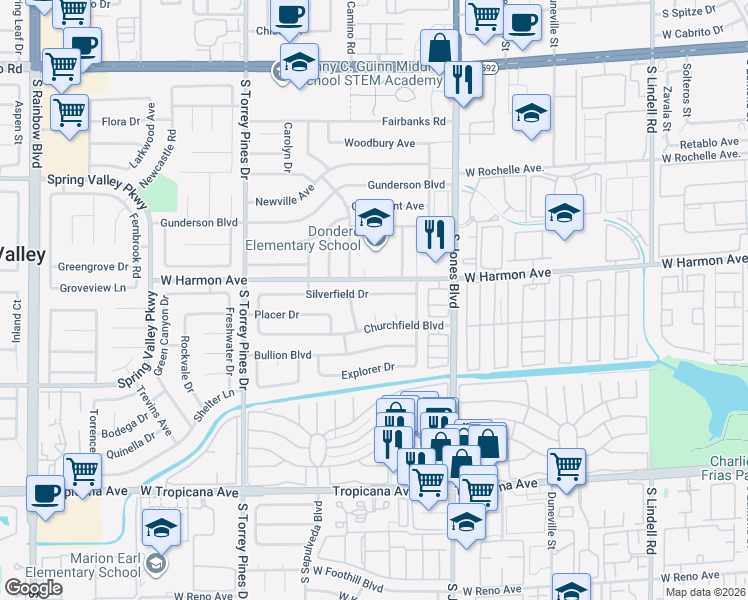 map of restaurants, bars, coffee shops, grocery stores, and more near 6249 Silverfield Drive in Las Vegas