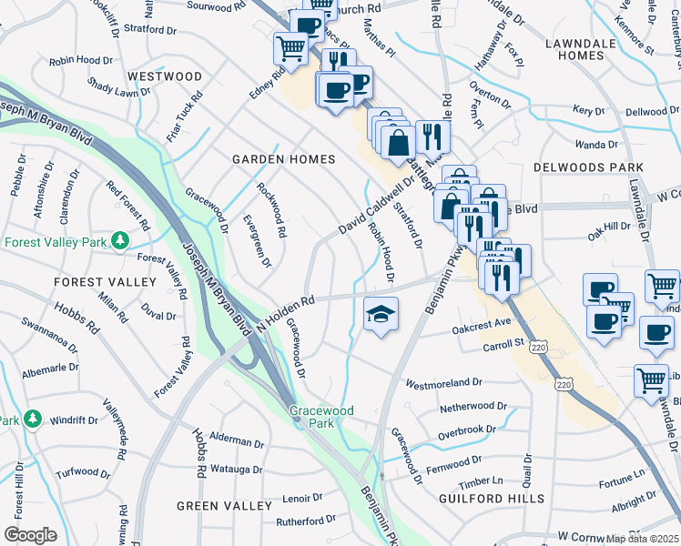 map of restaurants, bars, coffee shops, grocery stores, and more near 2607 Hill-N-Dale Drive in Greensboro