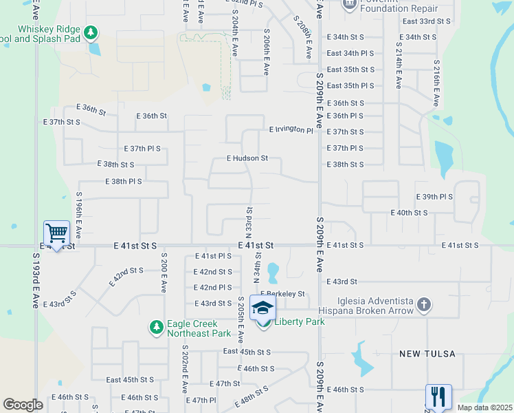 map of restaurants, bars, coffee shops, grocery stores, and more near 3409 East Fairmont Street in Broken Arrow