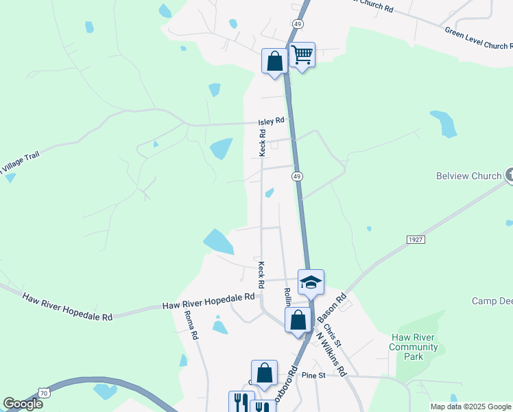 map of restaurants, bars, coffee shops, grocery stores, and more near 710 Keck Road in Haw River