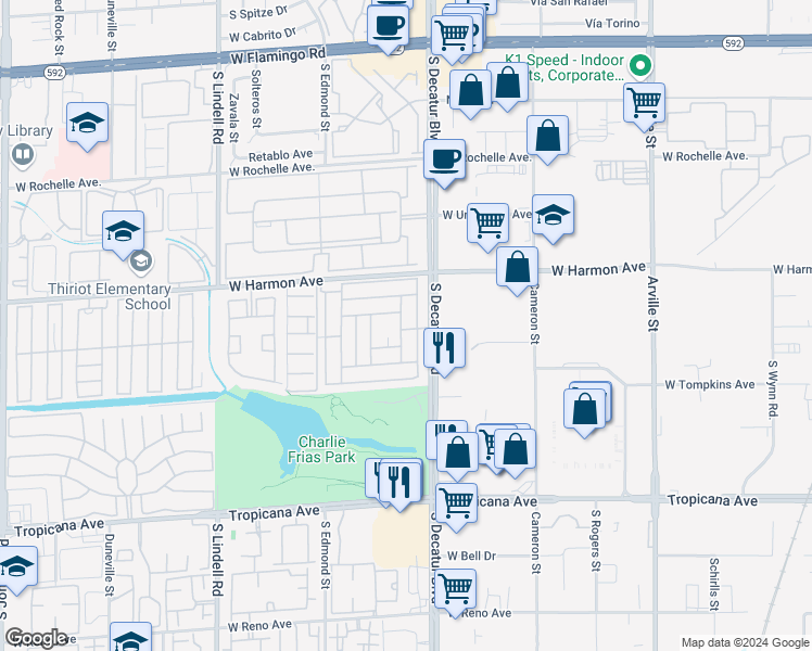 map of restaurants, bars, coffee shops, grocery stores, and more near 4590 East Royal Club Way in Las Vegas