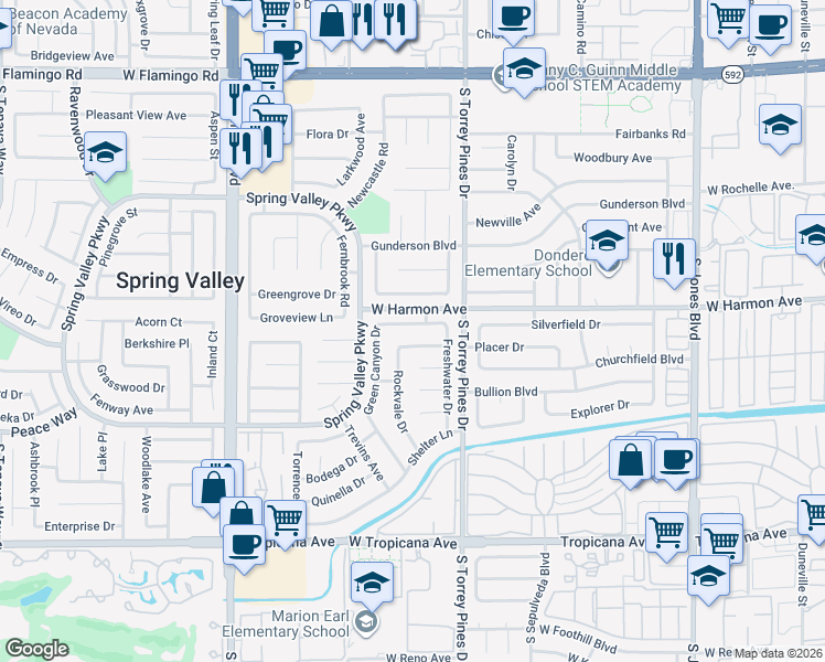 map of restaurants, bars, coffee shops, grocery stores, and more near 6593 Peachtree Lane in Las Vegas
