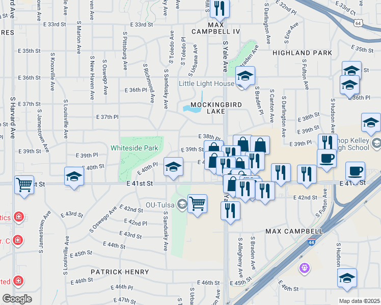 map of restaurants, bars, coffee shops, grocery stores, and more near 4524 East 39th Street in Tulsa
