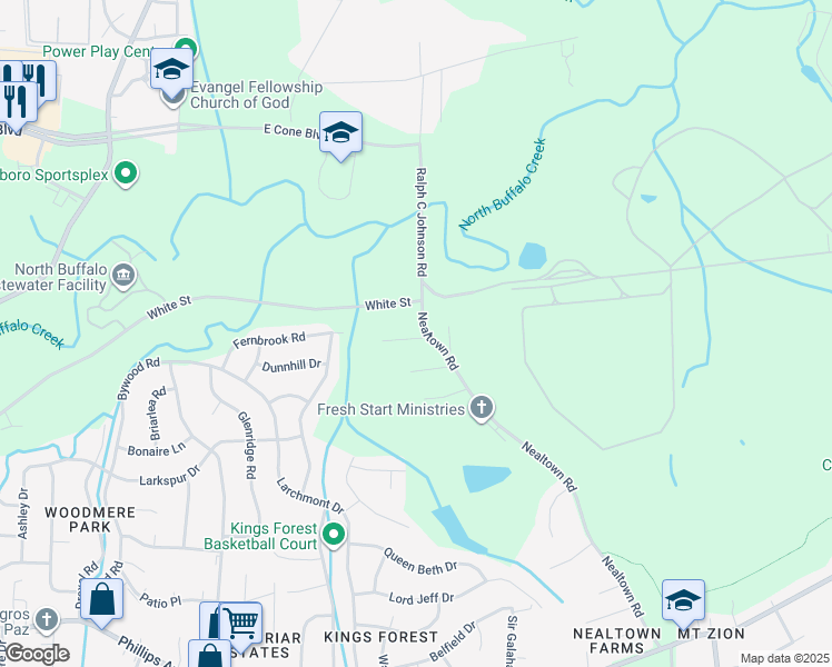 map of restaurants, bars, coffee shops, grocery stores, and more near 1401 Nealtown Road in Greensboro