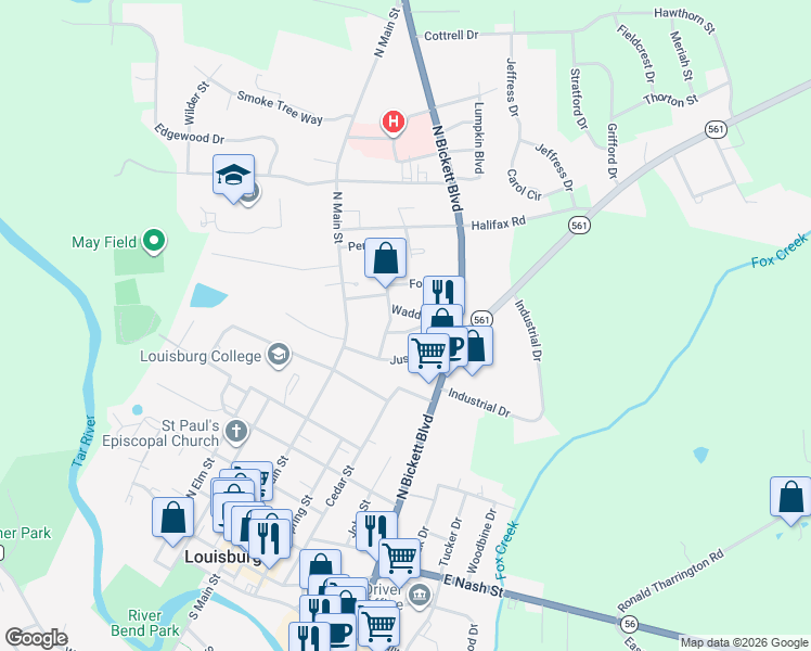 map of restaurants, bars, coffee shops, grocery stores, and more near 103 Loy Dr in Louisburg