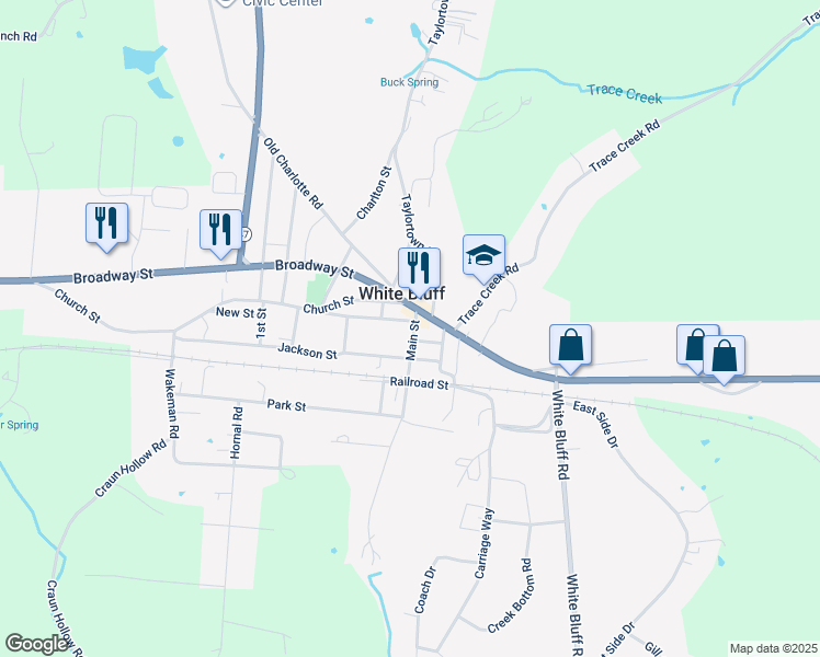 map of restaurants, bars, coffee shops, grocery stores, and more near 106 Main Street in White Bluff