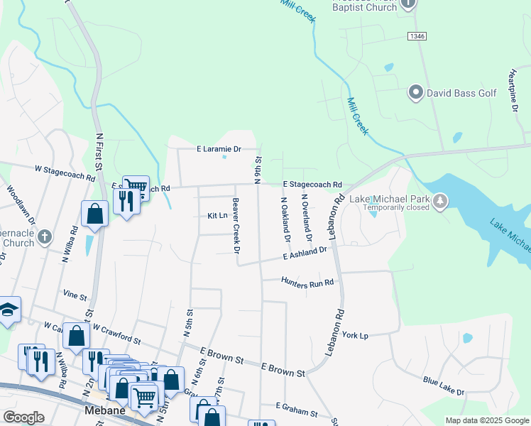 map of restaurants, bars, coffee shops, grocery stores, and more near 714 North 9th Street in Mebane