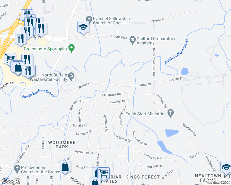 map of restaurants, bars, coffee shops, grocery stores, and more near 2507 Fernbrook Road in Greensboro