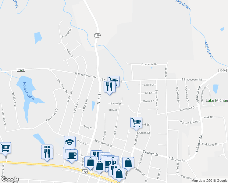map of restaurants, bars, coffee shops, grocery stores, and more near 630 North 1st Street in Mebane