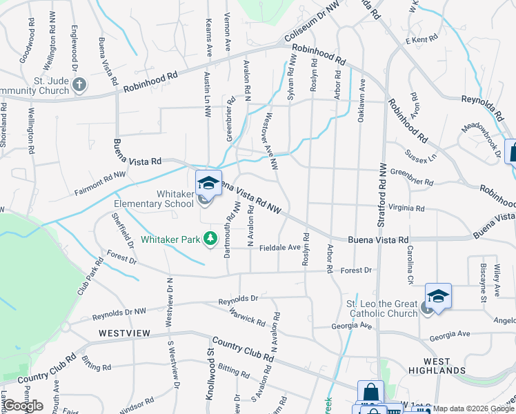 map of restaurants, bars, coffee shops, grocery stores, and more near 490 North Avalon Road in Winston-Salem