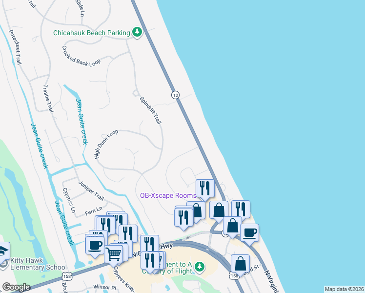 map of restaurants, bars, coffee shops, grocery stores, and more near 91 Skyline Road in Kitty Hawk