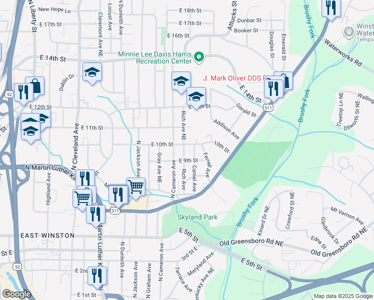 map of restaurants, bars, coffee shops, grocery stores, and more near 921 Rich Ave in Winston-Salem