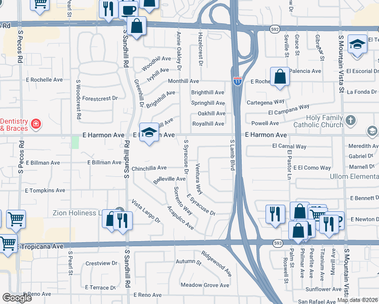 map of restaurants, bars, coffee shops, grocery stores, and more near 3846 Syracuse Drive in Las Vegas