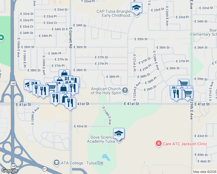 map of restaurants, bars, coffee shops, grocery stores, and more near 3863 S 118th E Ave in Tulsa