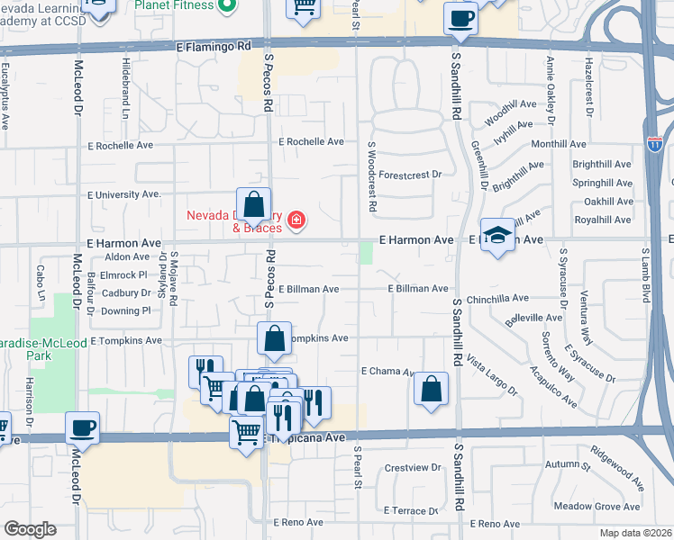 map of restaurants, bars, coffee shops, grocery stores, and more near 3546 Wild Cherry Court in Las Vegas