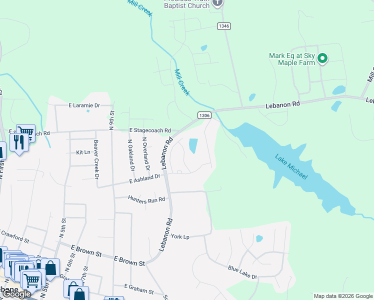 map of restaurants, bars, coffee shops, grocery stores, and more near 624 Oakfield Tr in Mebane