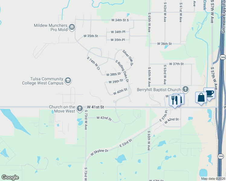 map of restaurants, bars, coffee shops, grocery stores, and more near 3916 South 74th West Circle in Tulsa