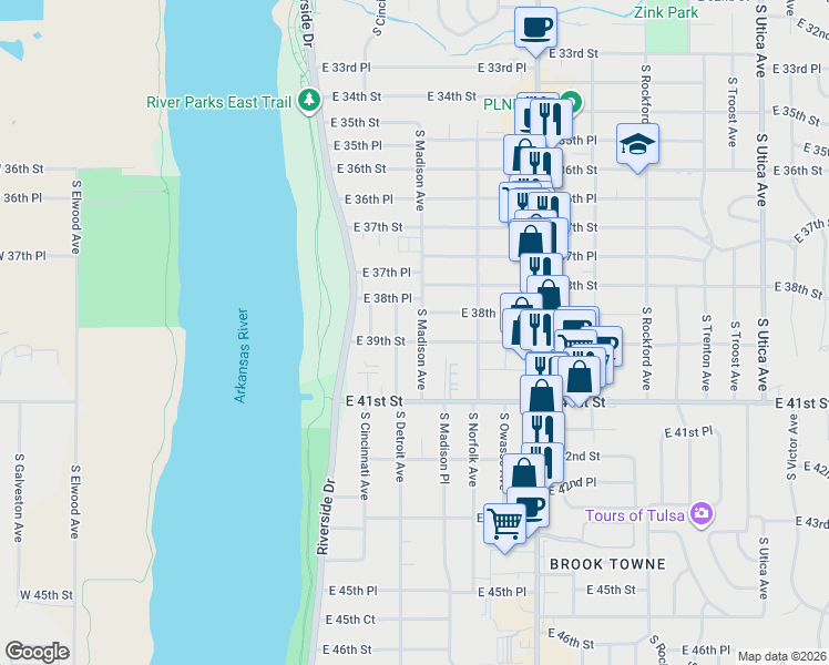 map of restaurants, bars, coffee shops, grocery stores, and more near 3844 S Madison Ave in Tulsa