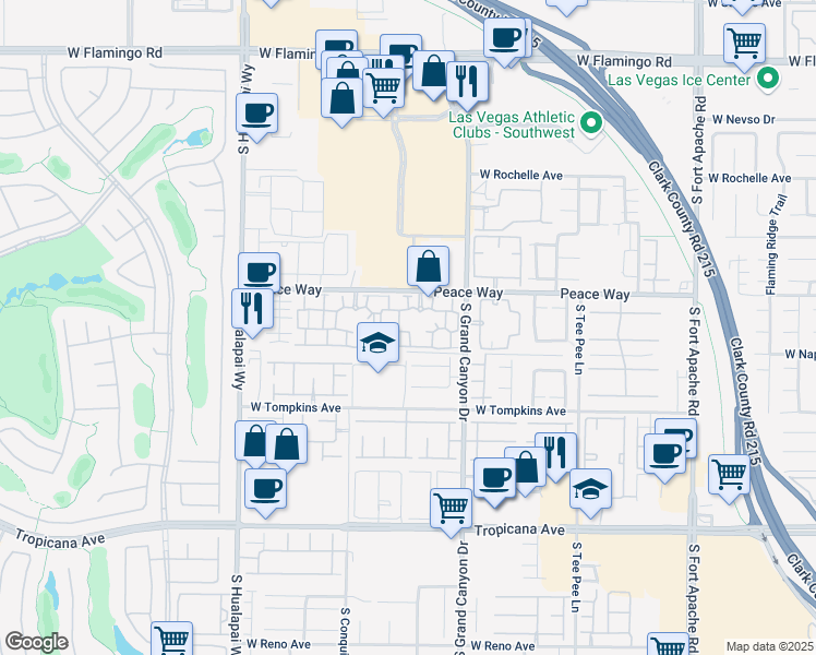 map of restaurants, bars, coffee shops, grocery stores, and more near 9975 Peace Way in Las Vegas
