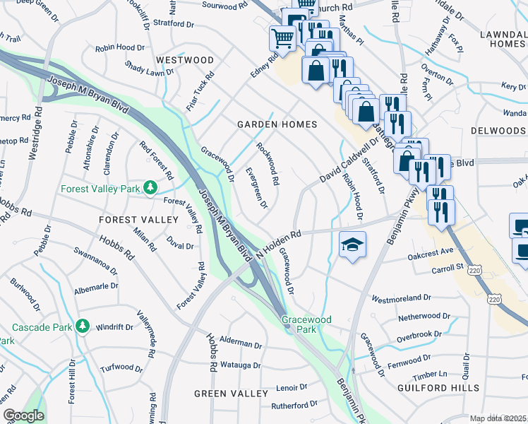 map of restaurants, bars, coffee shops, grocery stores, and more near 2703 Rockwood Road in Greensboro