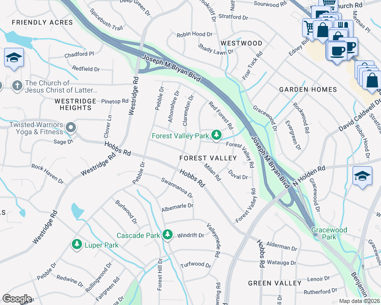 map of restaurants, bars, coffee shops, grocery stores, and more near 1802 Milan Road in Greensboro