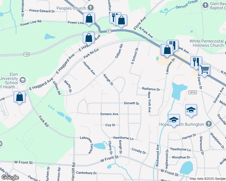 map of restaurants, bars, coffee shops, grocery stores, and more near 1814 Keogh Street in Burlington