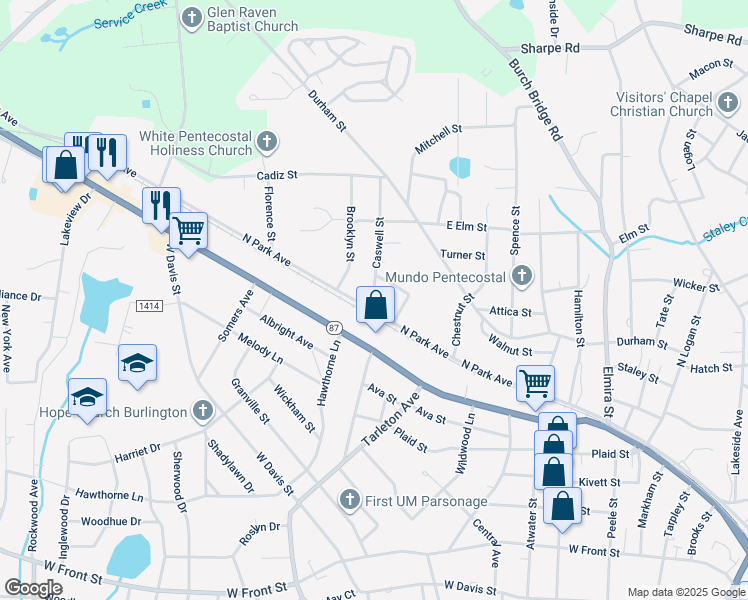 map of restaurants, bars, coffee shops, grocery stores, and more near 1413 North Park Avenue in Burlington