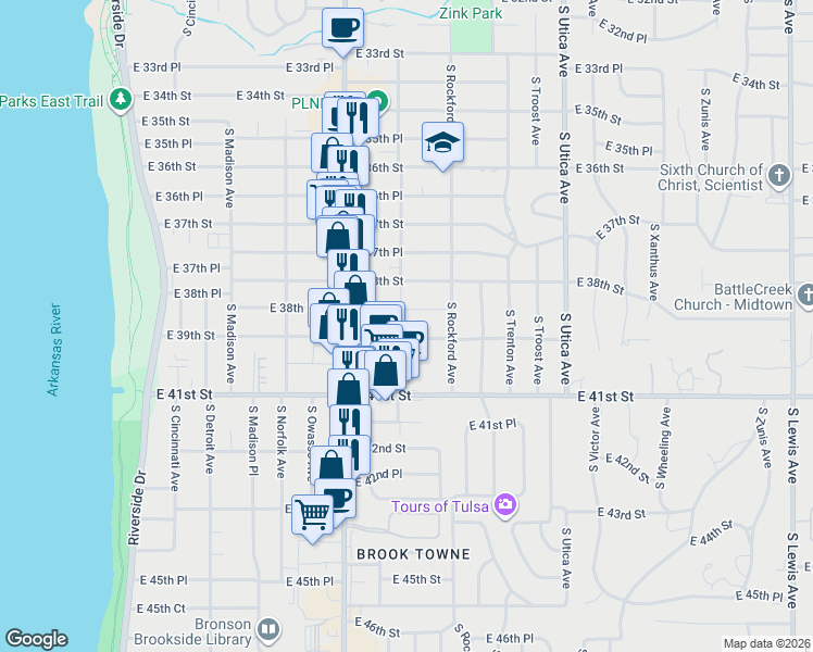 map of restaurants, bars, coffee shops, grocery stores, and more near 1408 East 38th Street in Tulsa